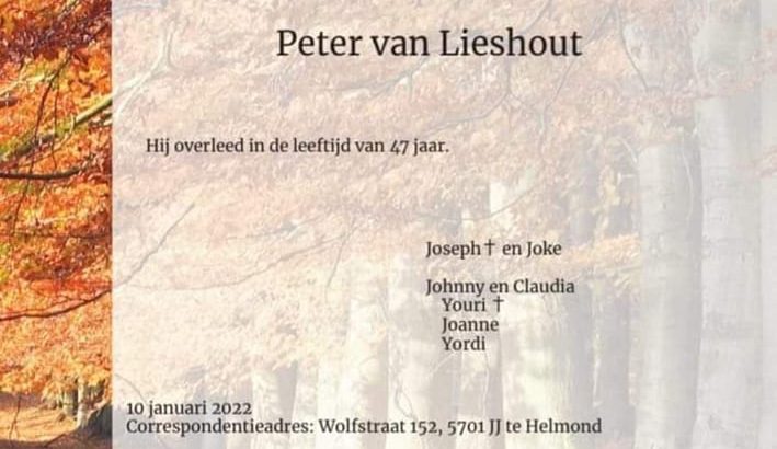 Rouwadvertentie Peter van Lieshout